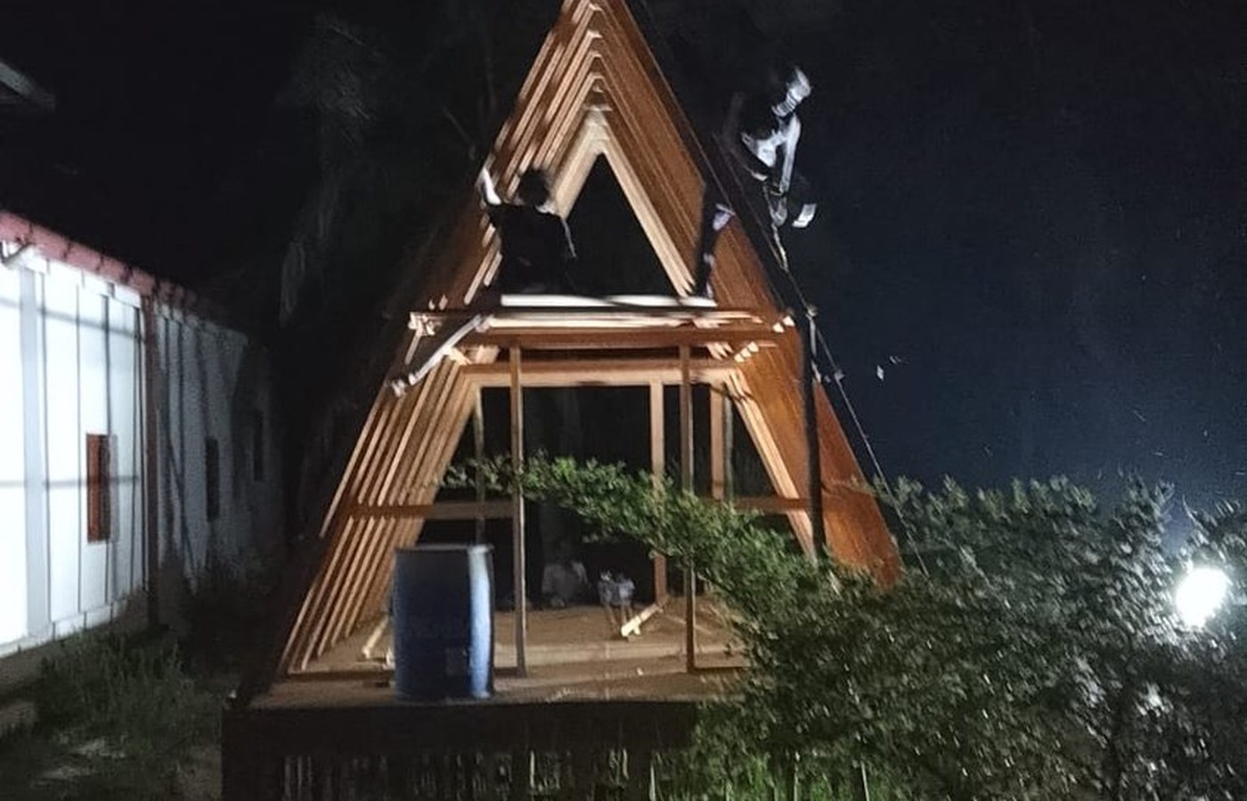 A-frame exterior at night